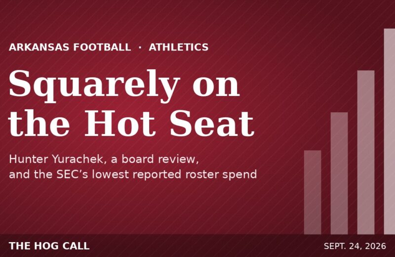 Cardinal-and-white title card reading “Squarely on the Hot Seat” for a story on Arkansas athletic director Hunter Yurachek and Razorback football