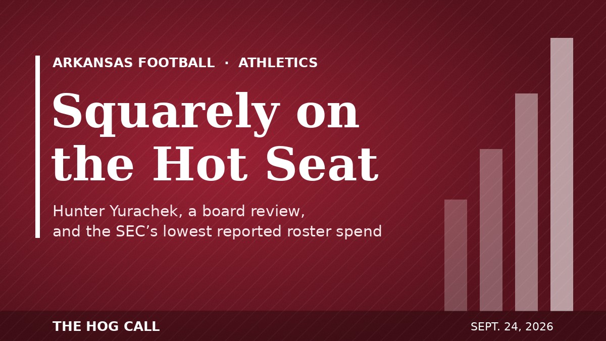Cardinal-and-white title card reading “Squarely on the Hot Seat” for a story on Arkansas athletic director Hunter Yurachek and Razorback football