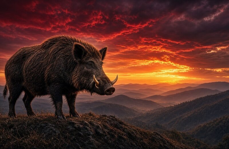 Sunset wild razorback on an Ozark ridge under a cardinal-red sky