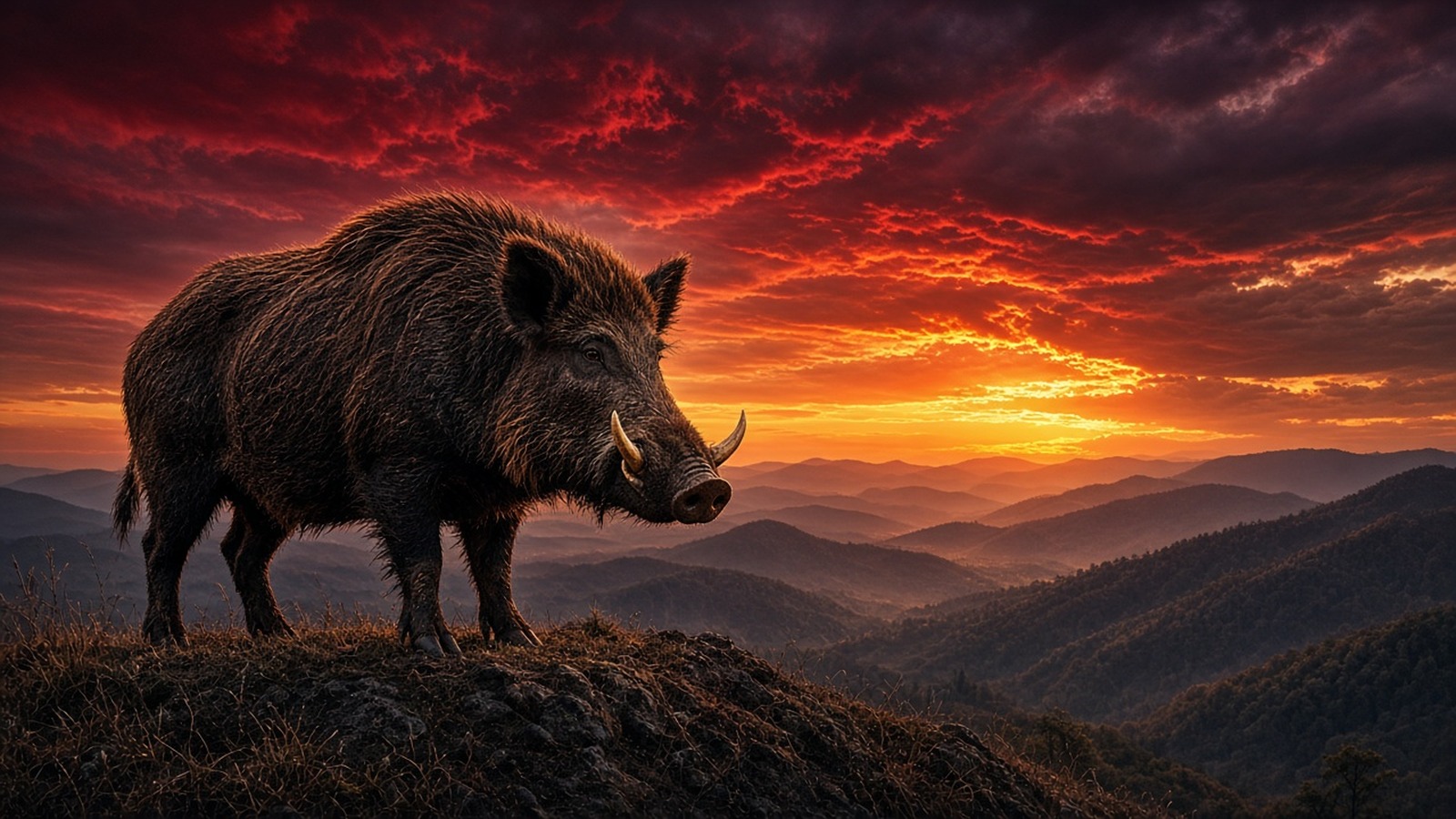 Sunset wild razorback on an Ozark ridge under a cardinal-red sky